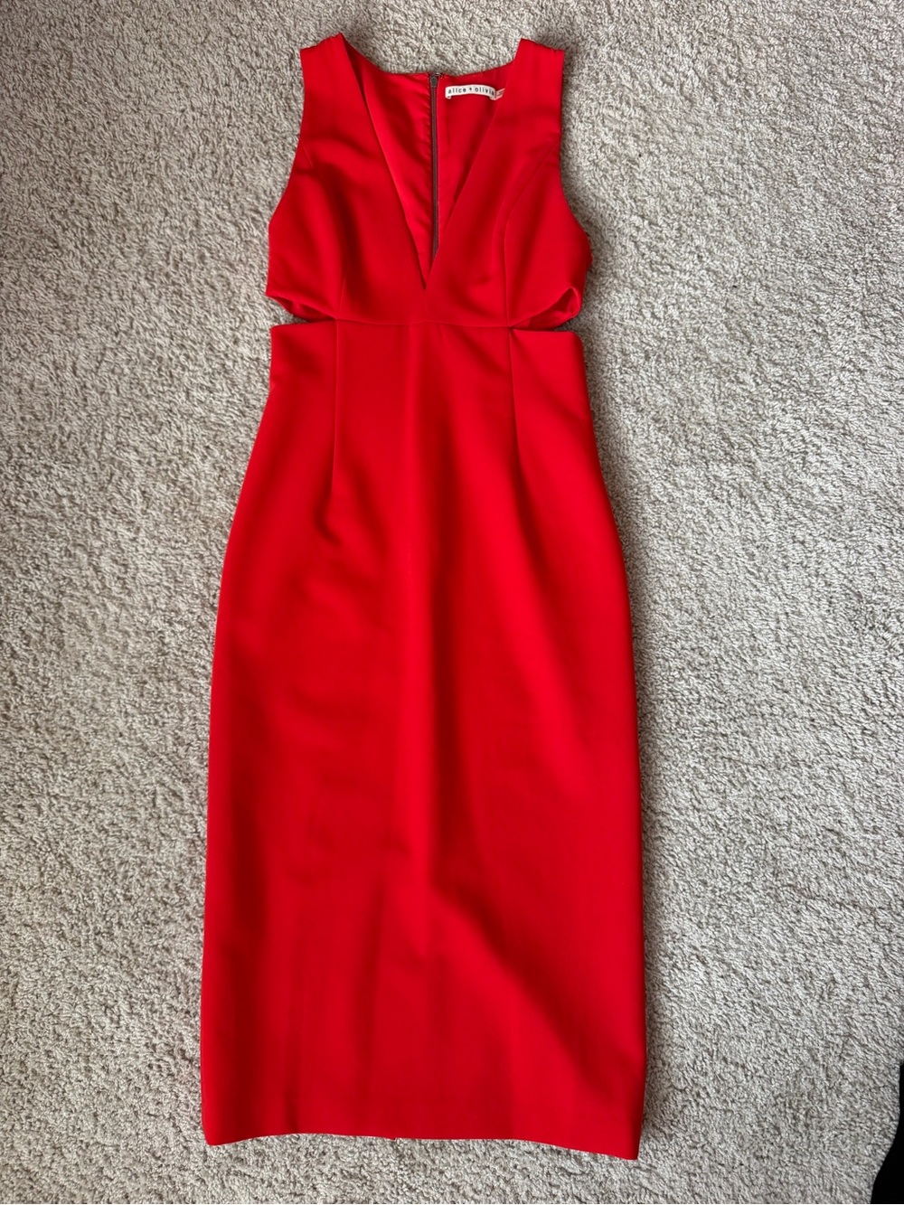 Alice + Olivia Red Sleeveless Midi Dress with V-Neck